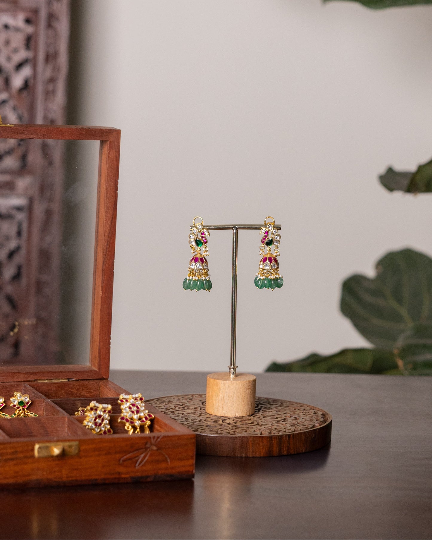 Multicolor Peacock Floral Jadau Kundan Jhumkas with Pearl Hangings | ER343