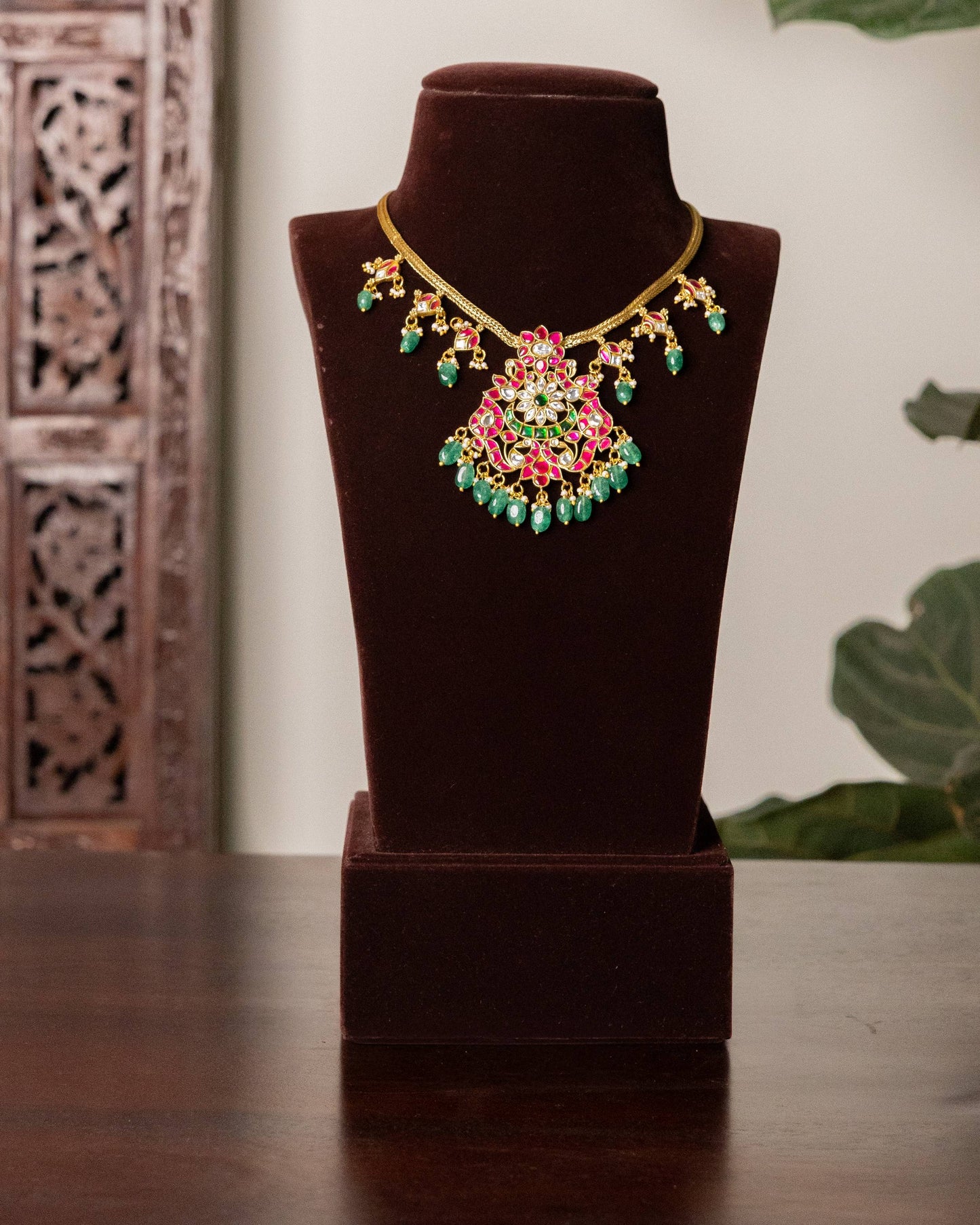Multi Colour Jadau Kundan Choker Necklace with Floral Center Pendant  | NC626