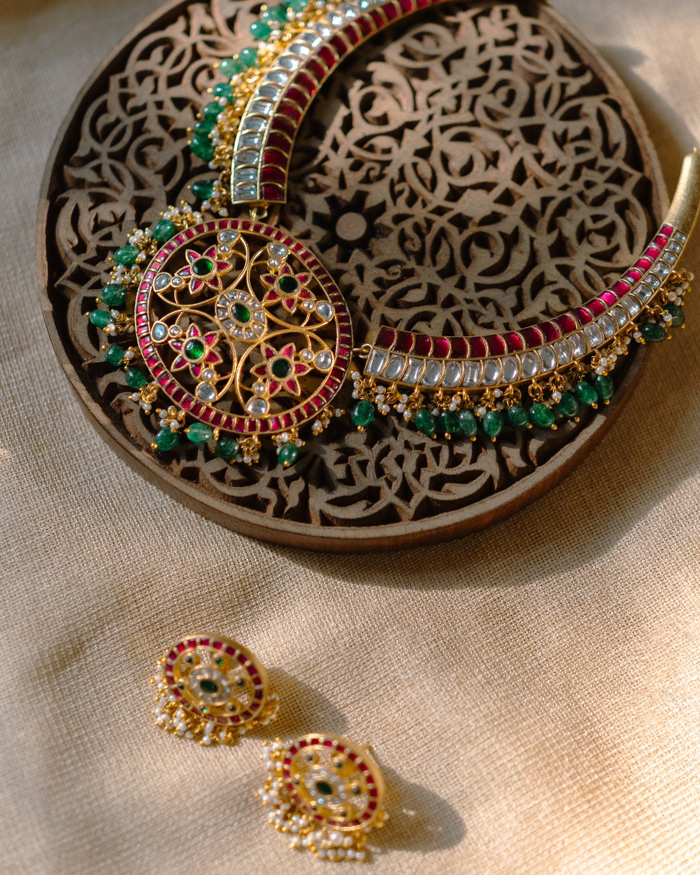 Bridal Jadau Kundan Floral Necklace with Strawberry Beads | NC623