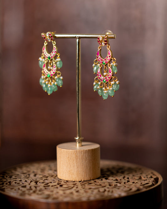 Bridal Jadau Kundan Peacock Chandbali Earrings with Pearls & Strawberry Beads | ER373