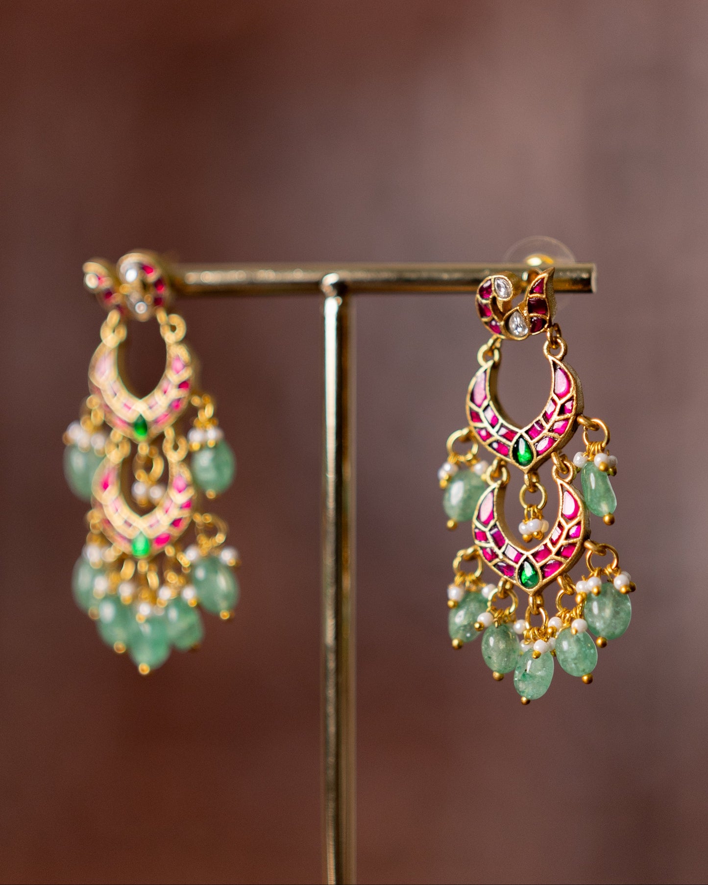 Bridal Jadau Kundan Peacock Chandbali Earrings with Pearls & Strawberry Beads | ER373