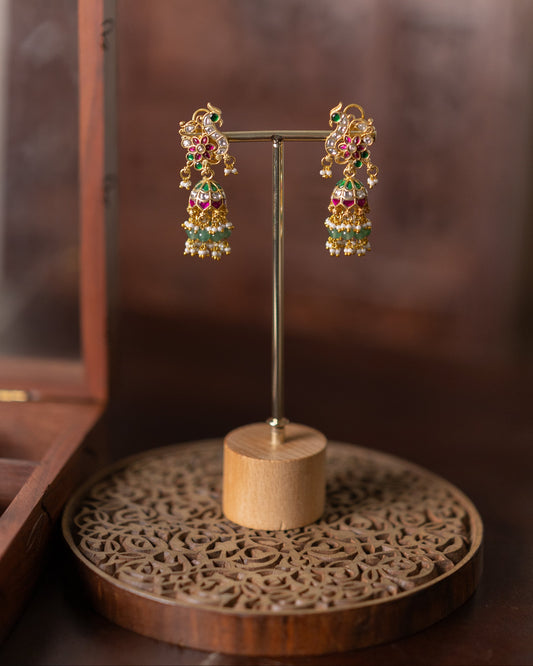 Multicolor Peacock Floral Jadau Kundan Jhumkas with Pearl Hangings | ER375