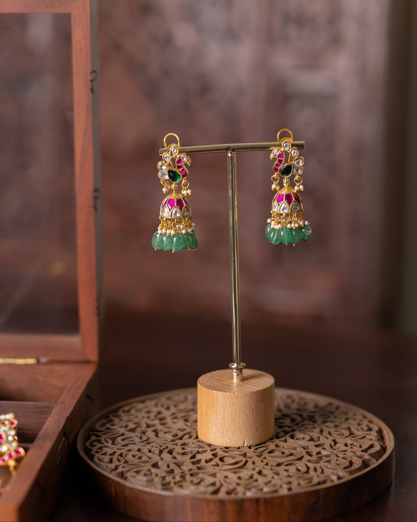 Multicolor Peacock Floral Jadau Kundan Jhumkas with Pearl Hangings | ER343