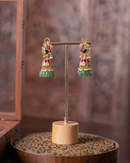 Multicolor Peacock Floral Jadau Kundan Jhumkas with Pearl Hangings | ER343