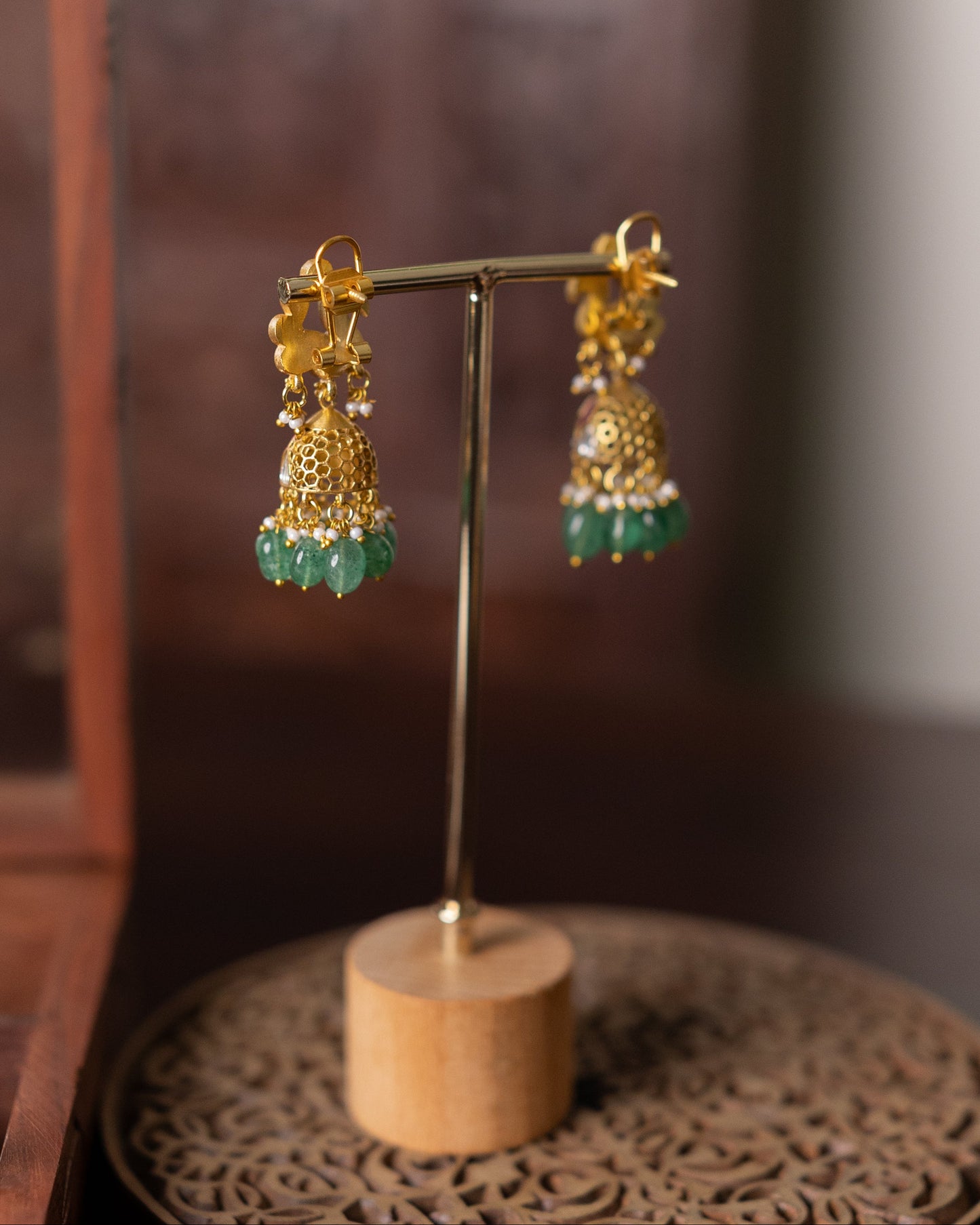 Multicolor Peacock Floral Jadau Kundan Jhumkas with Pearl Hangings | ER343