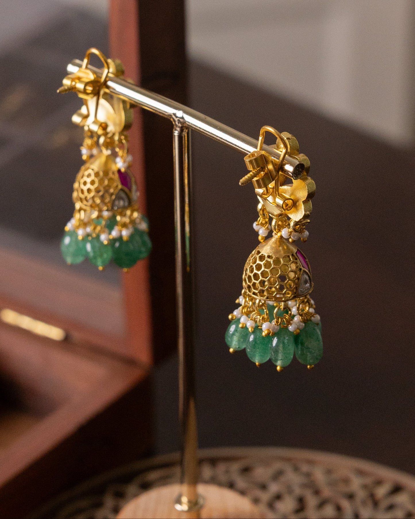 Multicolor Peacock Floral Jadau Kundan Jhumkas with Pearl Hangings | ER343