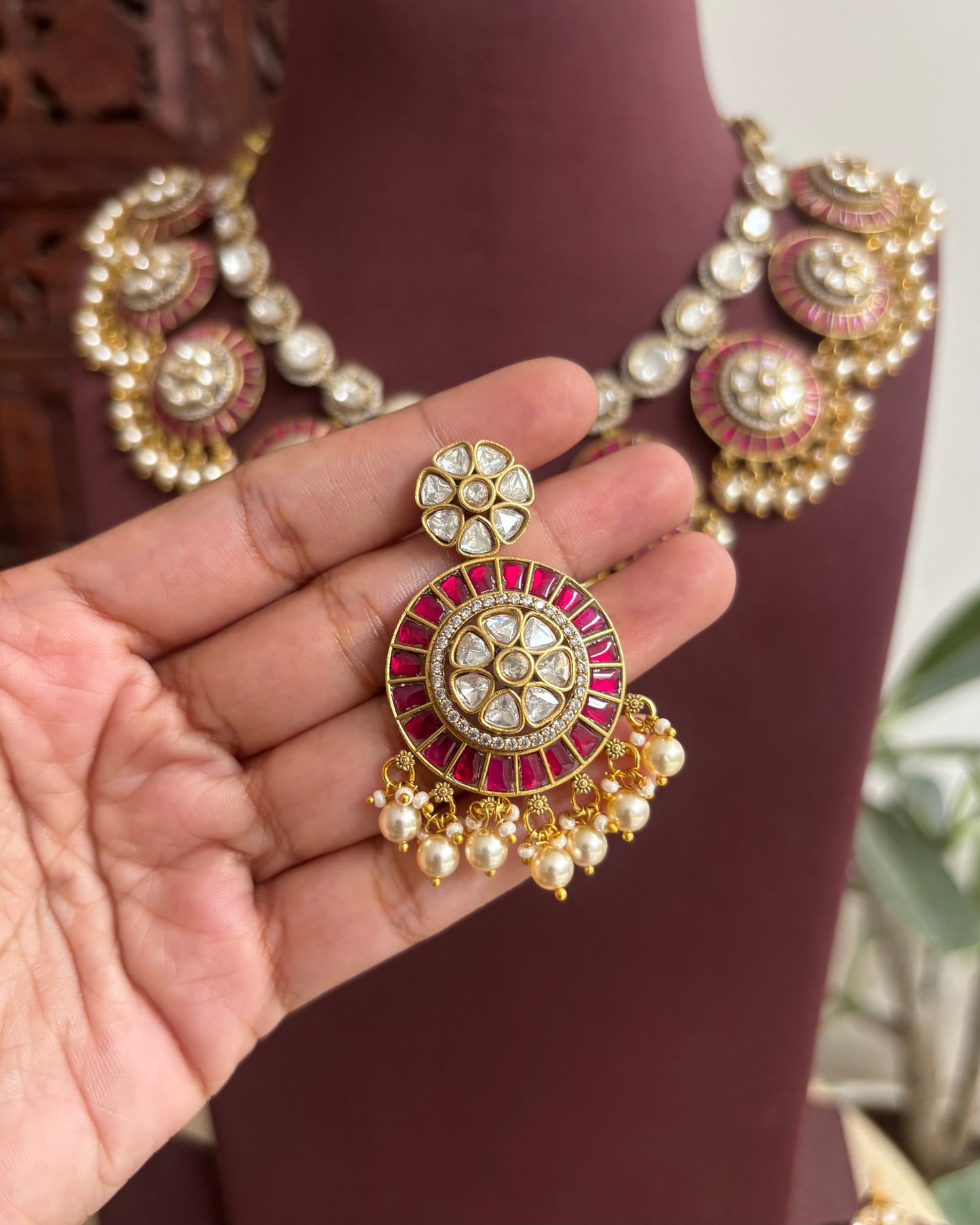 Handcrafted Kundan Necklace With Pearl Hangings – With Earrings | Ruby & White | NC542