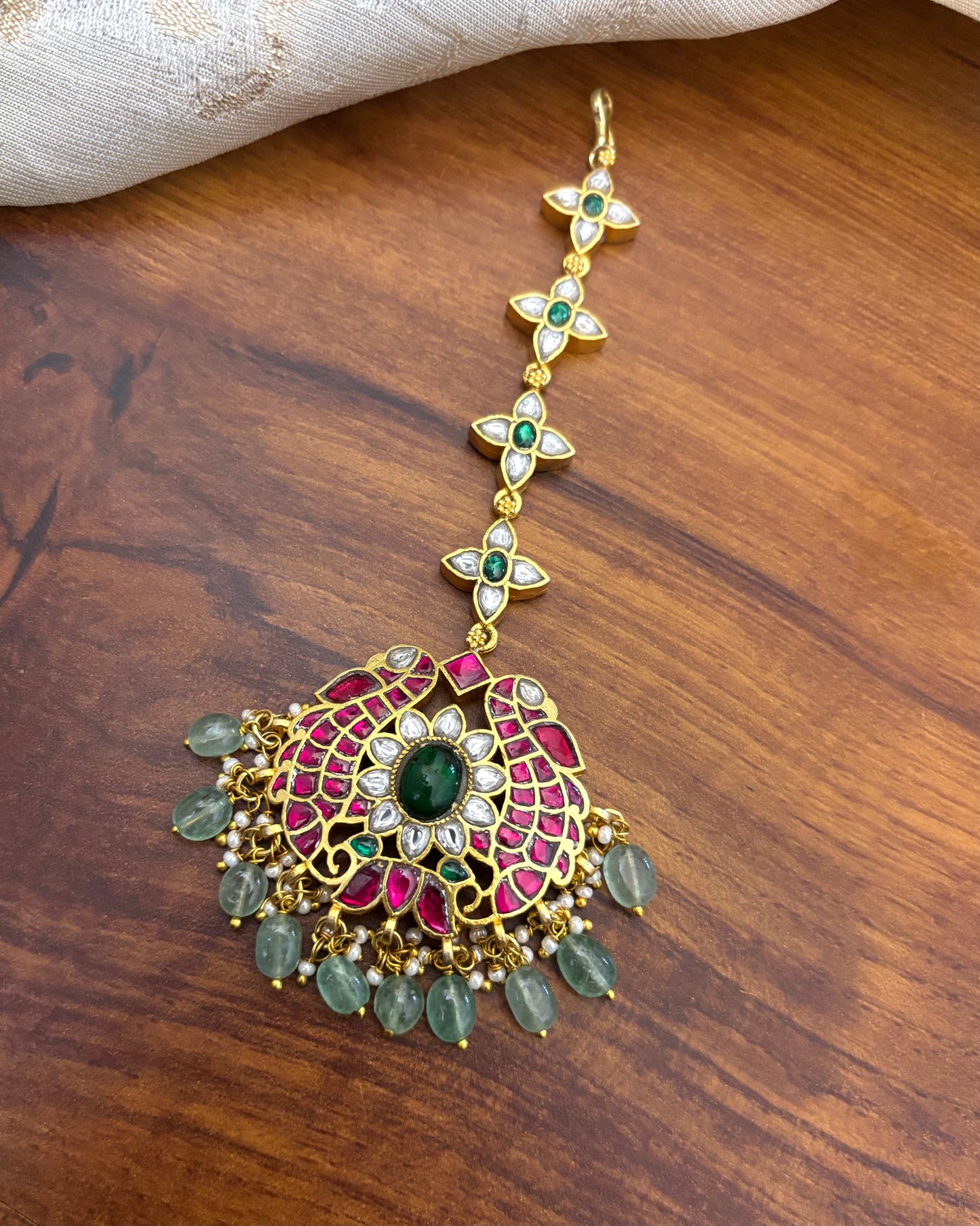 Gold Plated Jadau Kundan Maang Tikka with Floral Pendant and Floral Chain | MT119