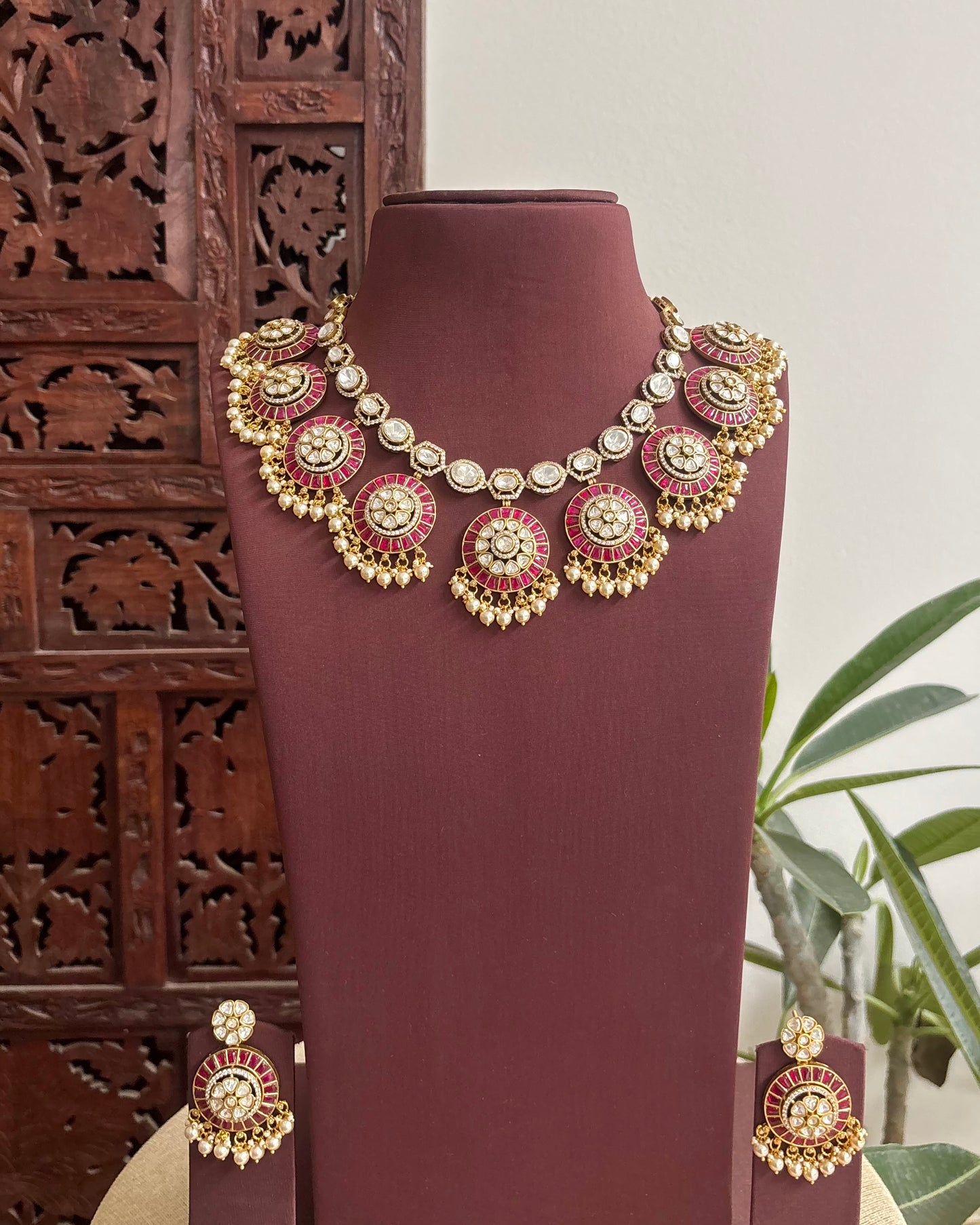 Handcrafted Kundan Necklace With Pearl Hangings – With Earrings | Ruby & White | NC542