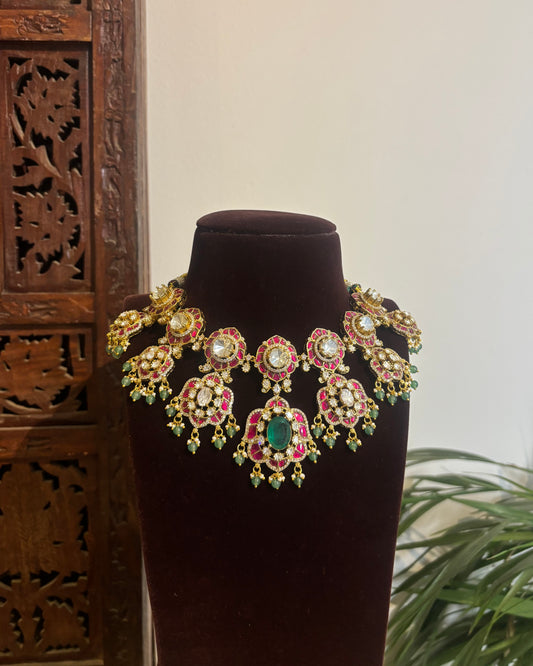 Floral Multicolor Mossanite Necklace Set with Earrings | NC386