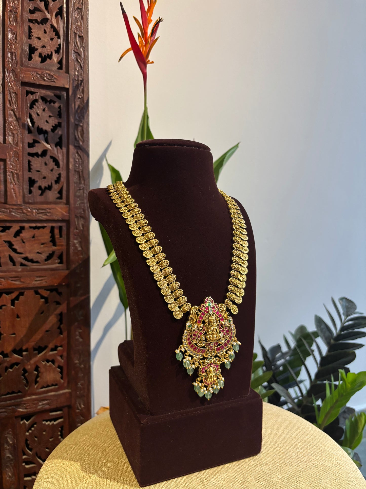 Lakshmi & Floral Kaasu Haram with Kundan Detailing & Matching Jhumkas | NC185