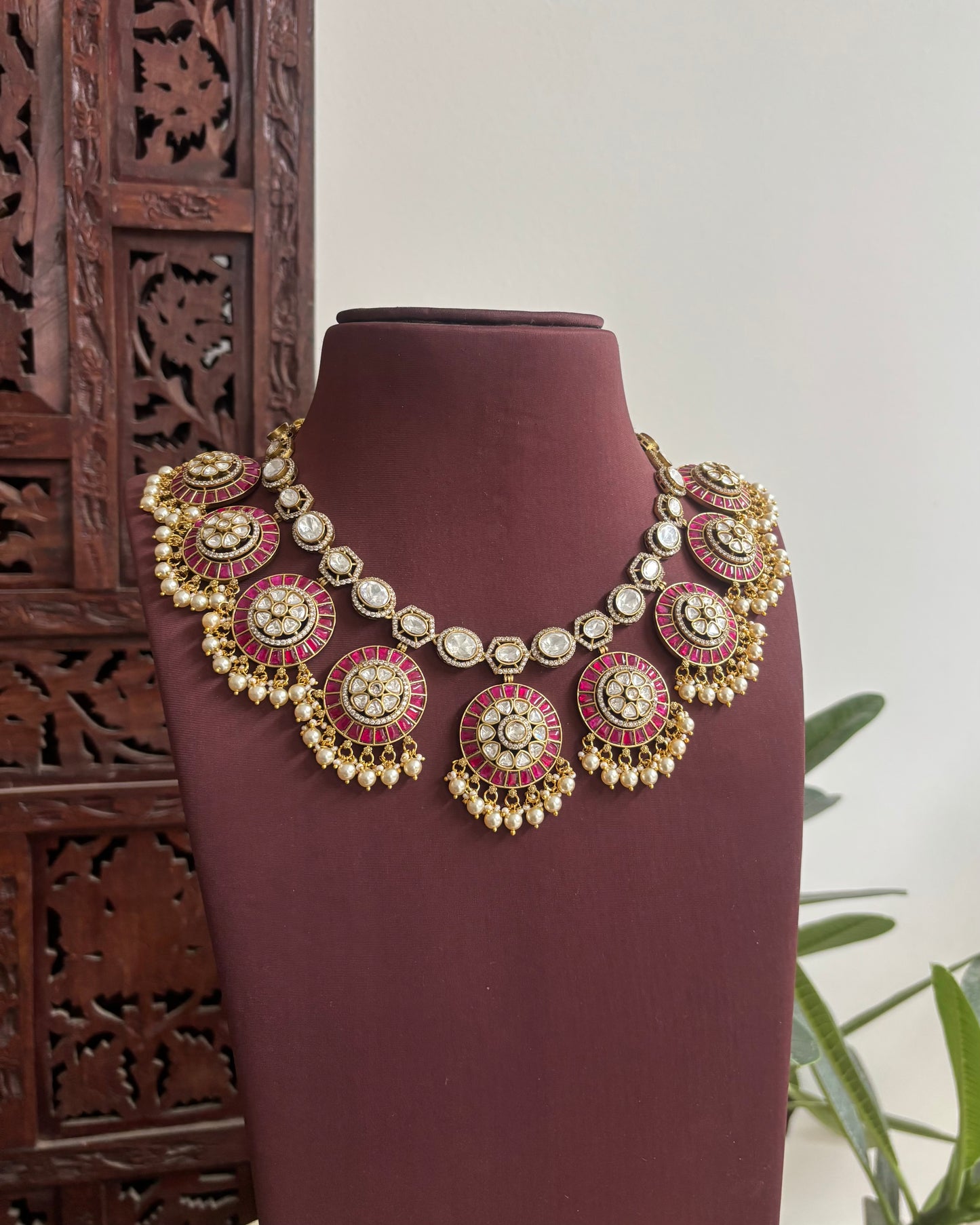 Handcrafted Kundan Necklace With Pearl Hangings – With Earrings | Ruby & White | NC542