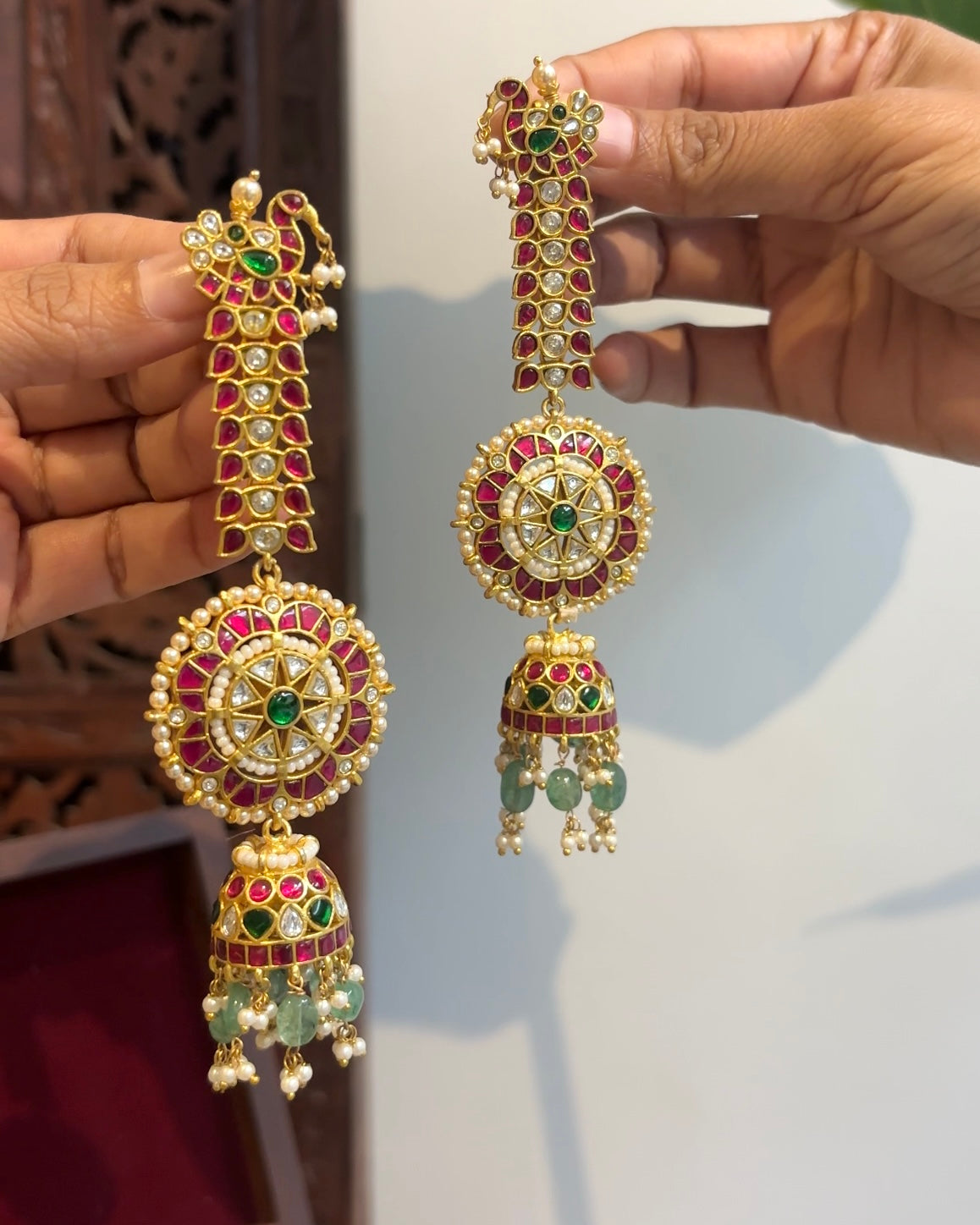 Traditional Jadau Kundan Floral Jhumkas with Attached Straight Ear Chain | ER194