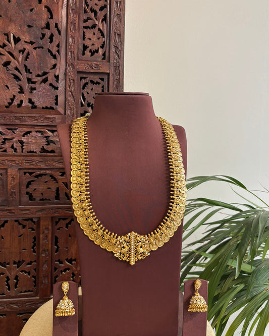 Lakshmi Antique Peacock Kaasu Haram with Kundan Detailing – Bridal Temple Jewellery | NC363