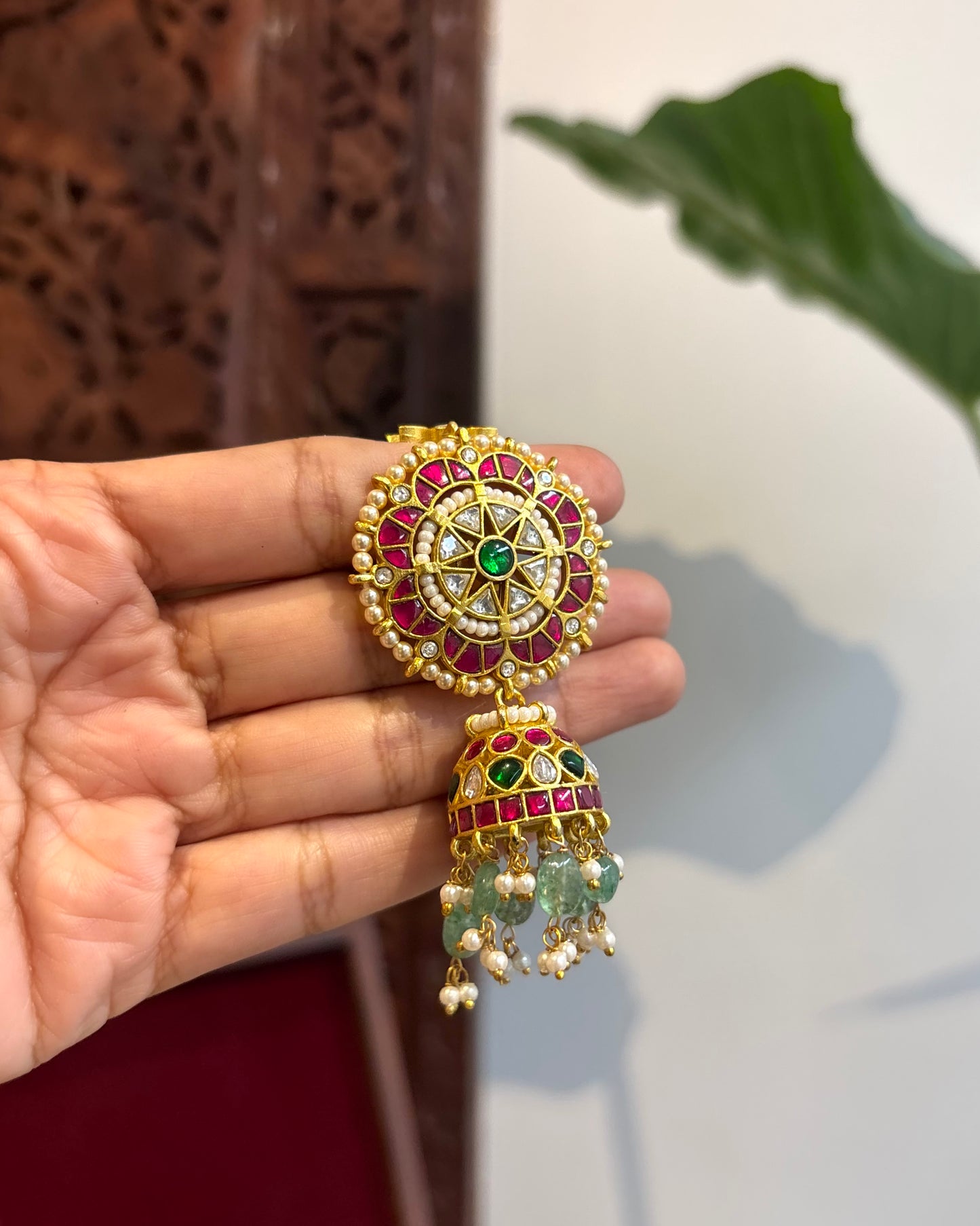 Traditional Jadau Kundan Floral Jhumkas with Attached Straight Ear Chain | ER194