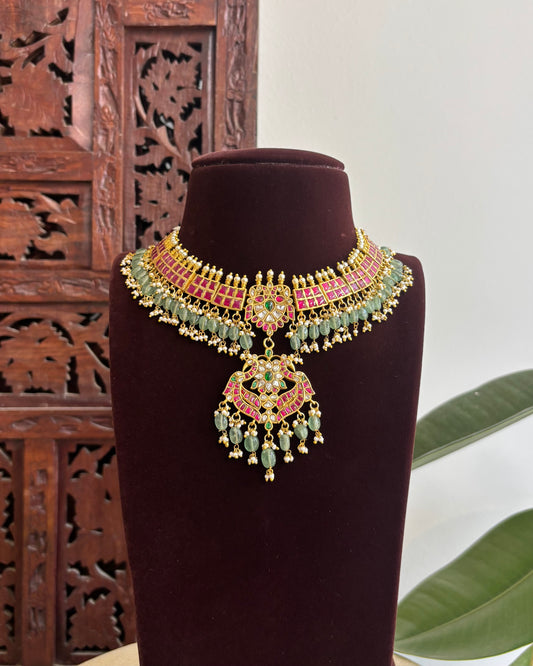 Bridal Jadau Kundan Floral Necklace with Strawberry Beads | NC364