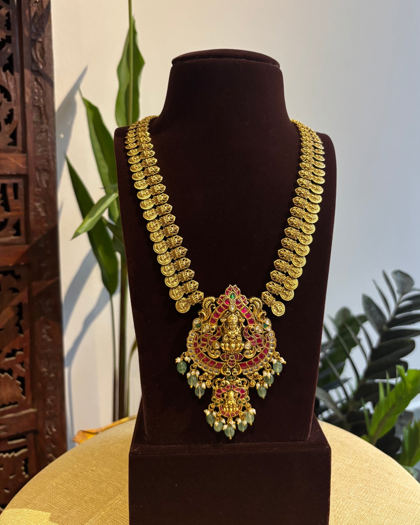Lakshmi & Floral Kaasu Haram with Kundan Detailing & Matching Jhumkas | NC185