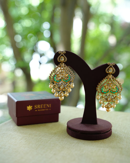 Green Peacock Kundan Drop Earrings with Pearl Clusters