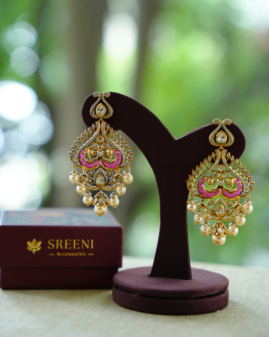 Pink Peacock Kundan Drop Earrings with Pearl Clusters