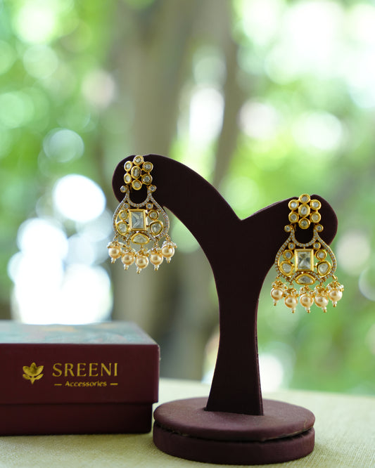 Floral Kundan Chandbali Earrings with Pearl Drops