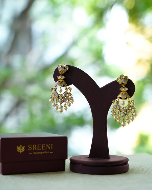 Kundan Chandbali Earrings with Pearl Clusters