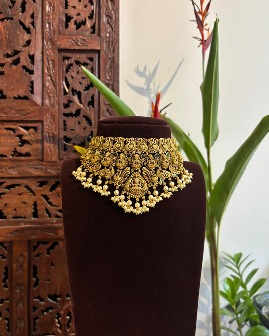 Antique Lakshmi Gold-Finish Temple Choker Necklace Set with Earrings | NC203