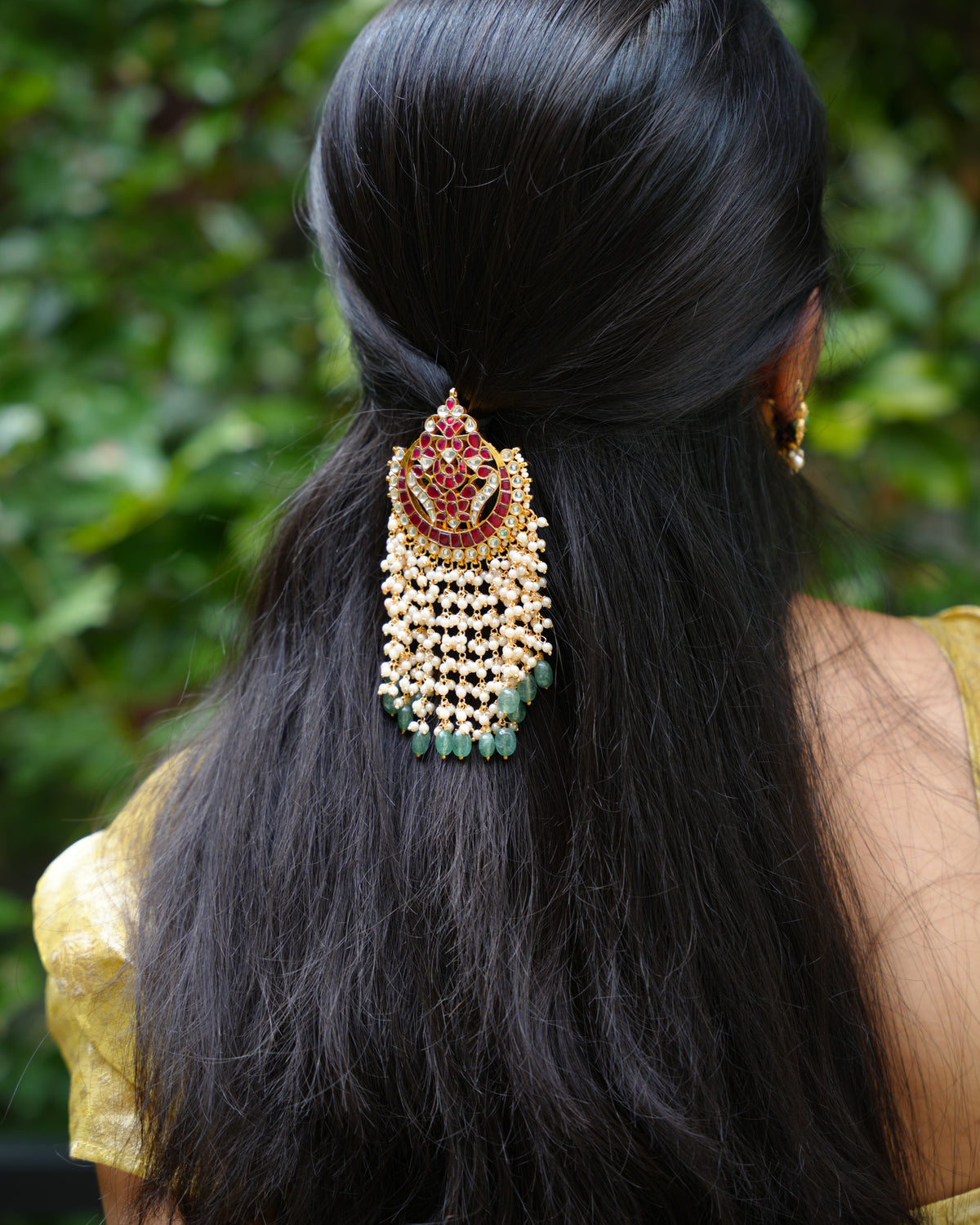 Ruby Kundan Hair Pendant with Pearl Strands & Green Beads