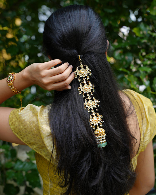 White Kundan Long Hair Accessory with Mini Jhumka & Green Drops