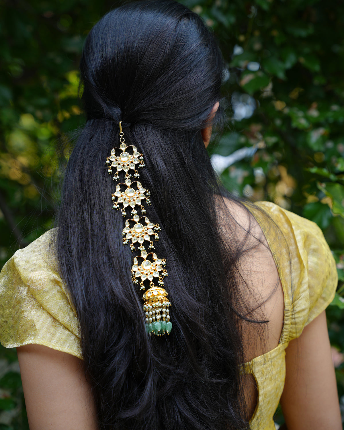 White Kundan Long Hair Accessory with Mini Jhumka & Green Drops