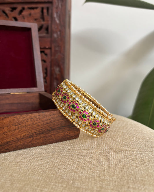 Jadau Kundan Gold Plated Bangles — Multicolor with Pearl Detailing | BA038