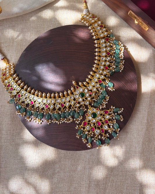 White Jadau Kundan Floral Necklace with Strawberry Beads | NC069