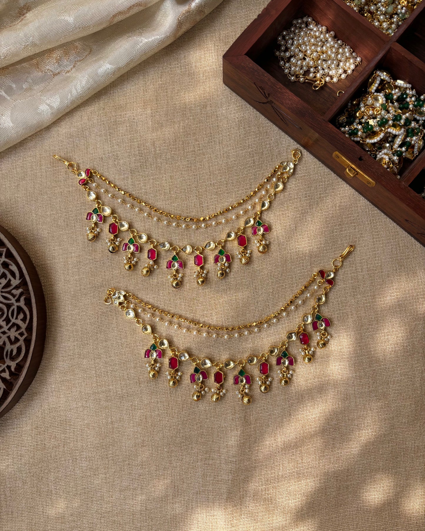 Lotus Pink & Gold Kundan Pearl Three Layer Ear Chain | EC083