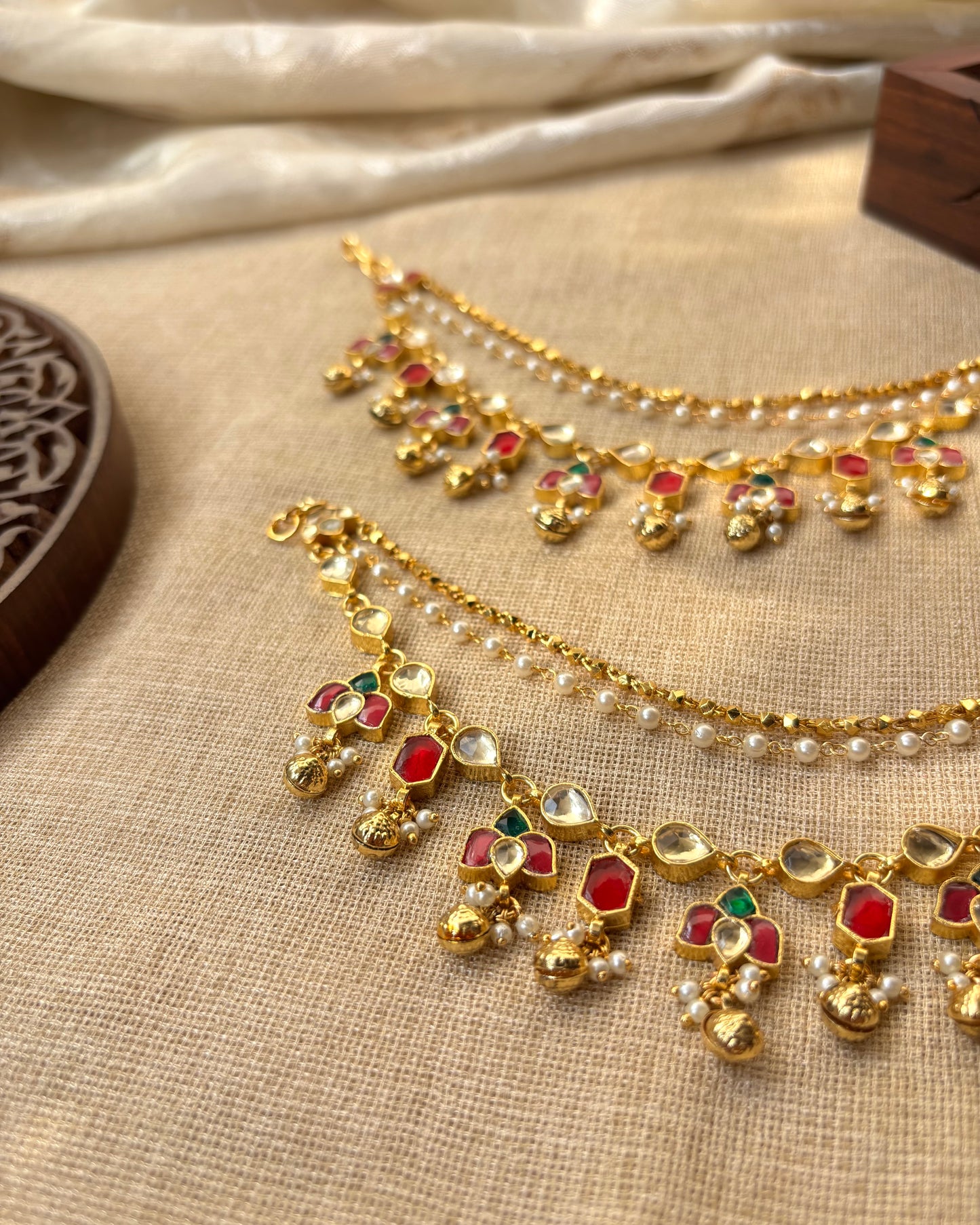 Lotus Pink & Gold Kundan Pearl Three Layer Ear Chain | EC083