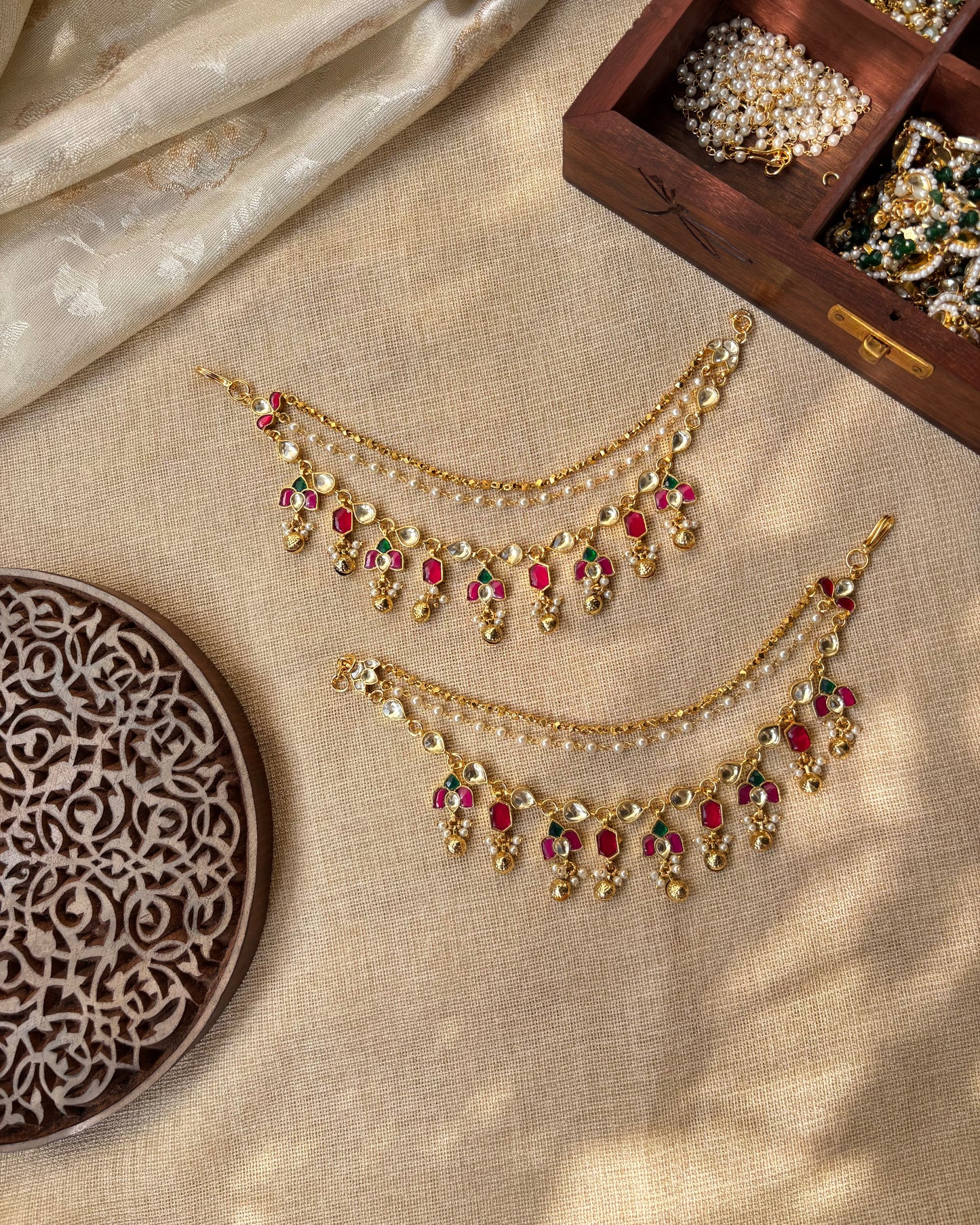 Lotus Pink & Gold Kundan Pearl Three Layer Ear Chain | EC083