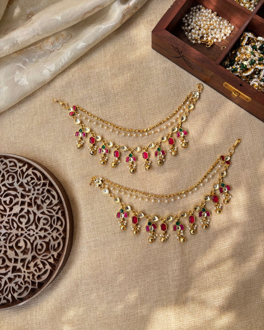 Lotus Pink & Gold Kundan Pearl Three Layer Ear Chain | EC083