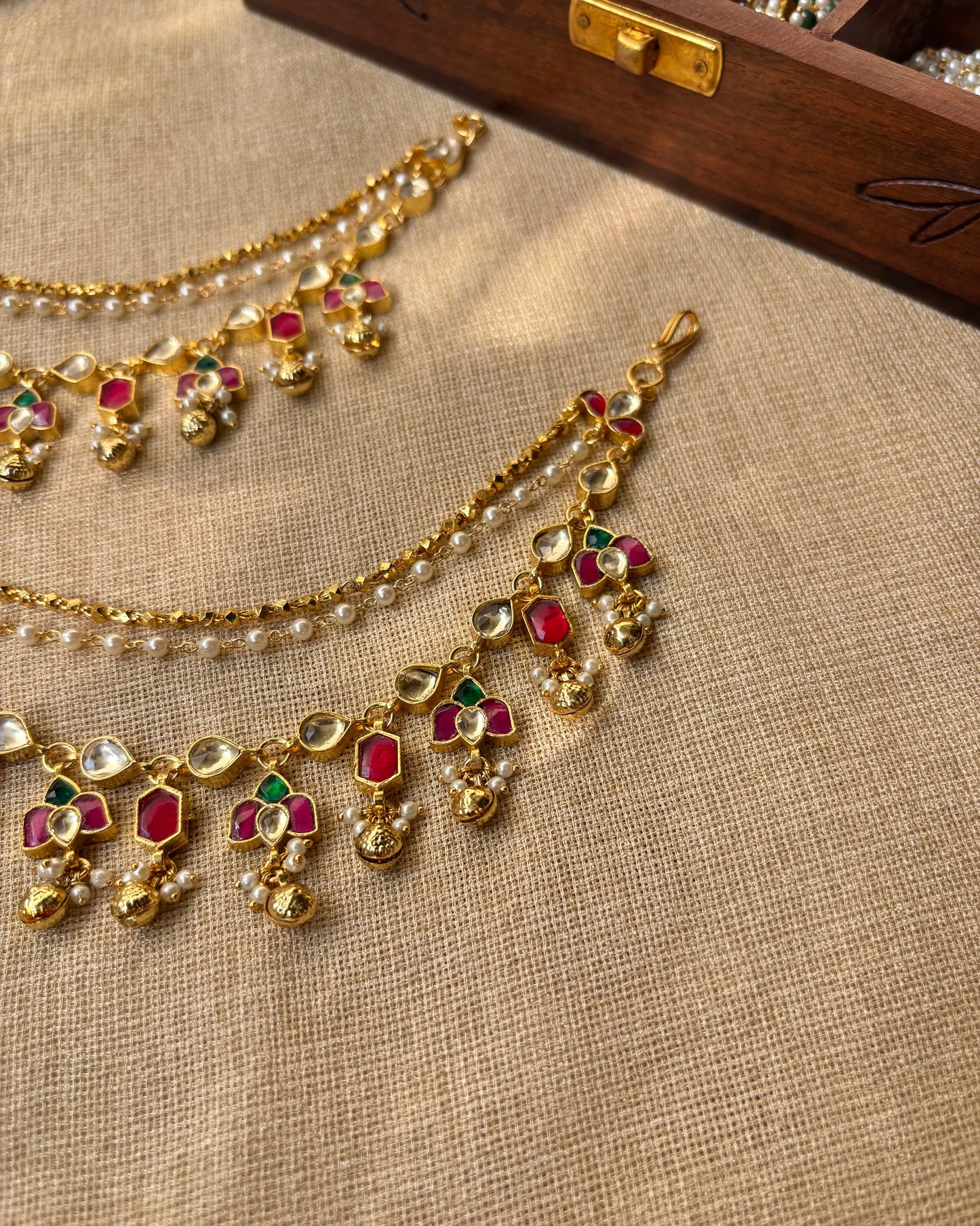 Lotus Pink & Gold Kundan Pearl Three Layer Ear Chain | EC083
