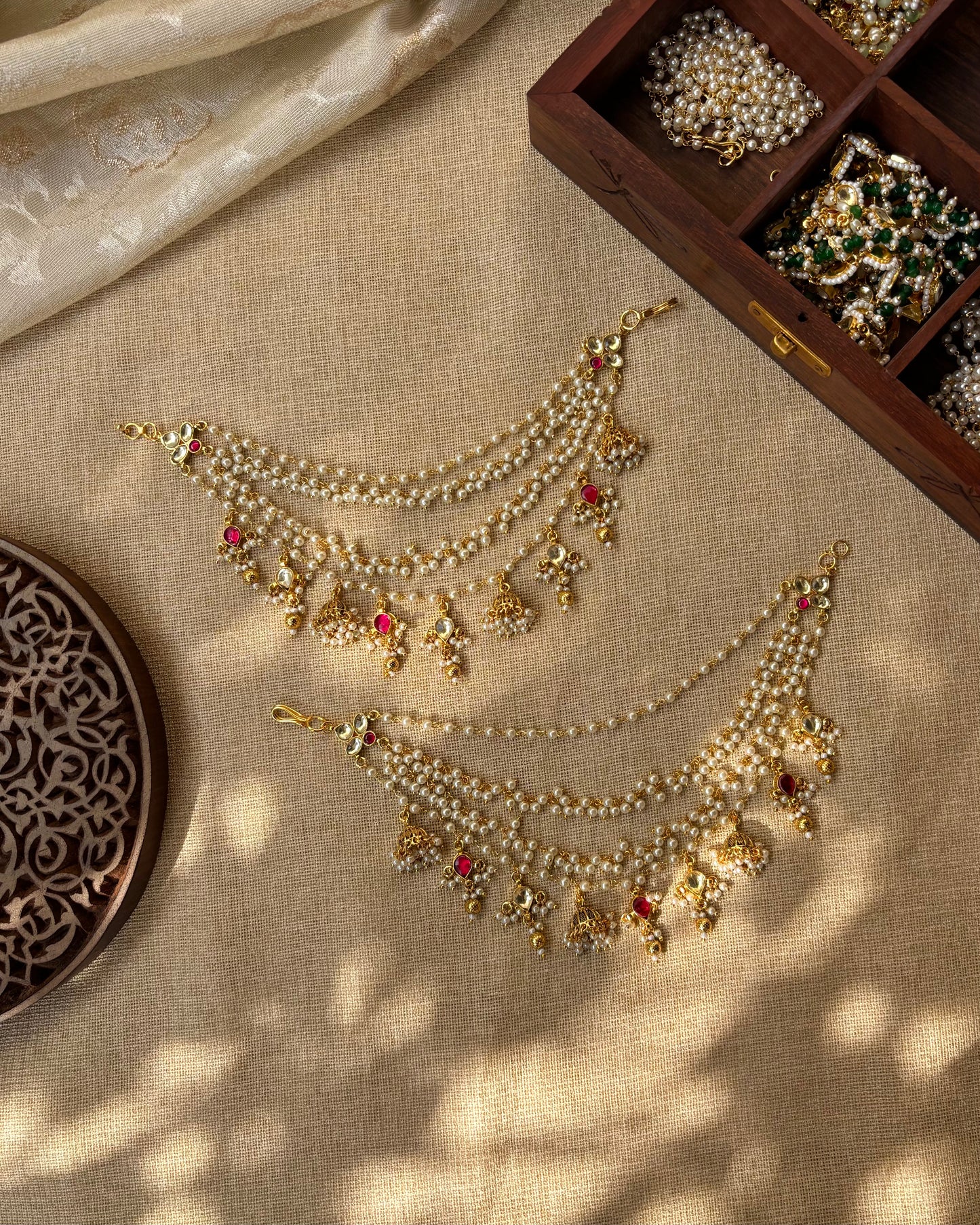 Jadau Kundan Four-Layer Pearl Ear Chain – Ruby & White | EC084