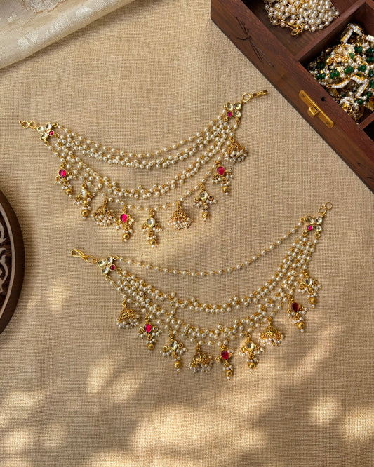 Jadau Kundan Four-Layer Pearl Ear Chain – Ruby & White | EC084