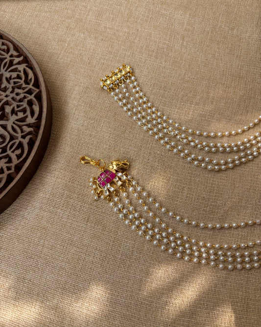 Minimal Elephant Jadau Kundan Pearl Ear Chain – Pink & White | EC086