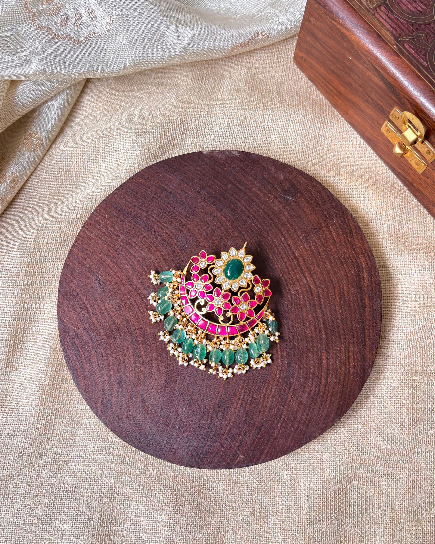 Floral Round Jadau Pendant with Green Beads | HA070