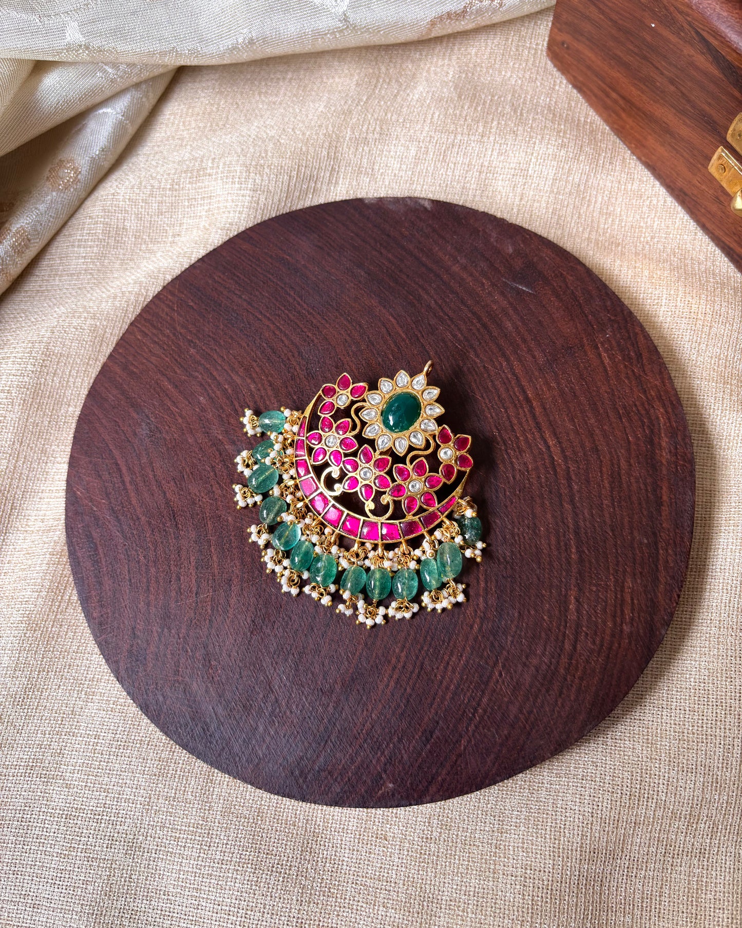 Floral Round Jadau Pendant with Green Beads | HA070