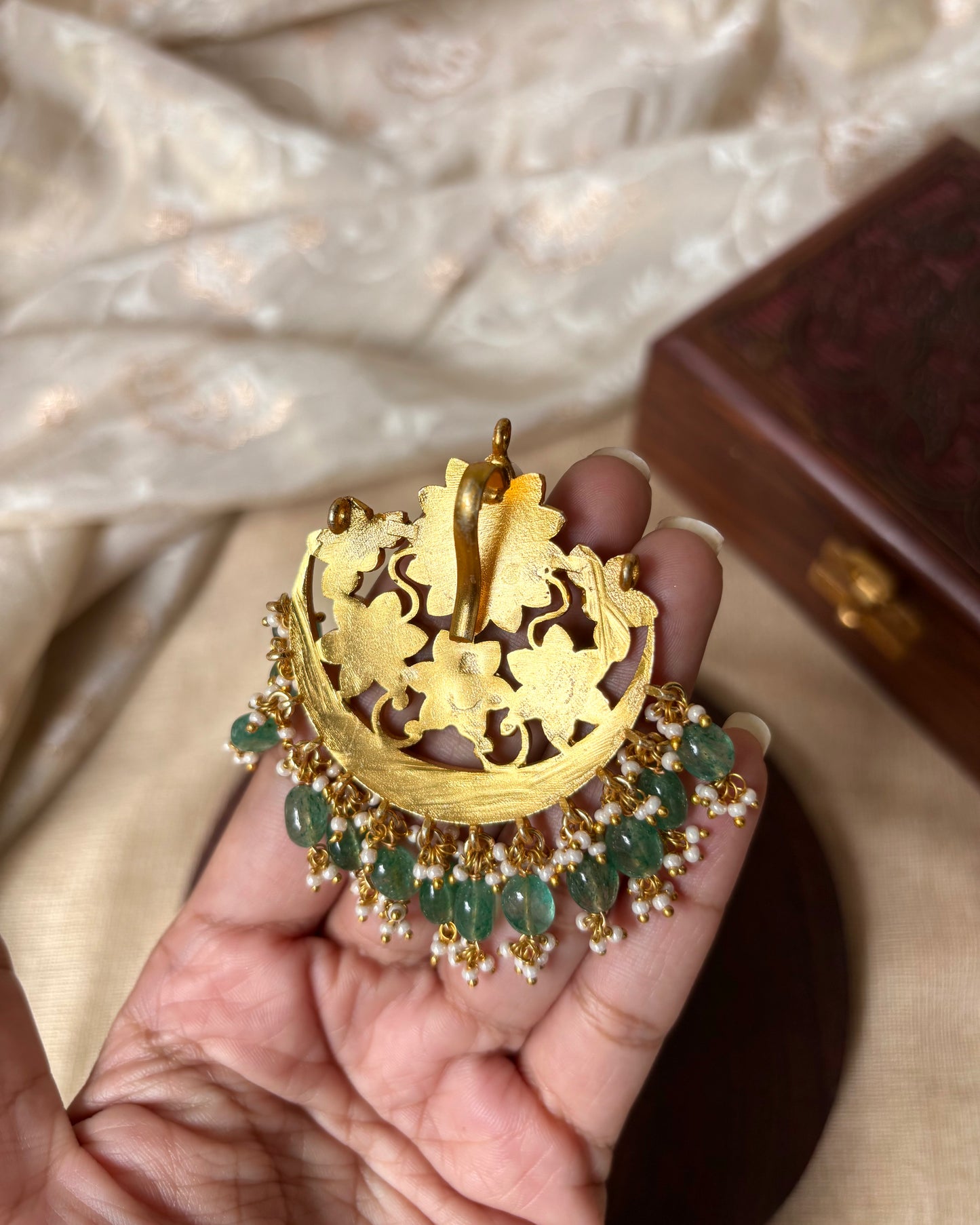 Floral Round Jadau Pendant with Green Beads | HA070