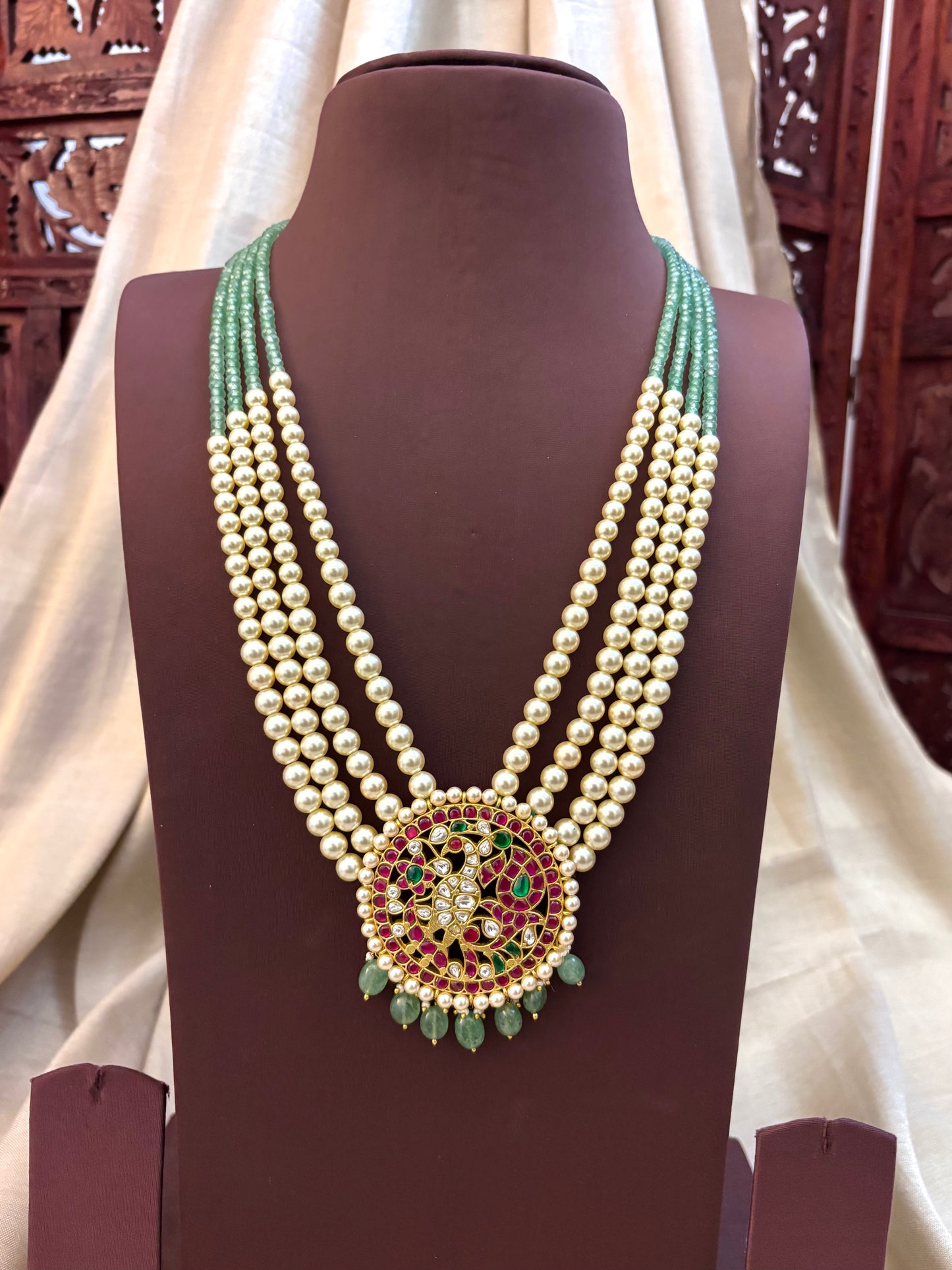 Peacock Jadau Kundan Pendant with Mint Green Beads & Pearl Mala | NC067