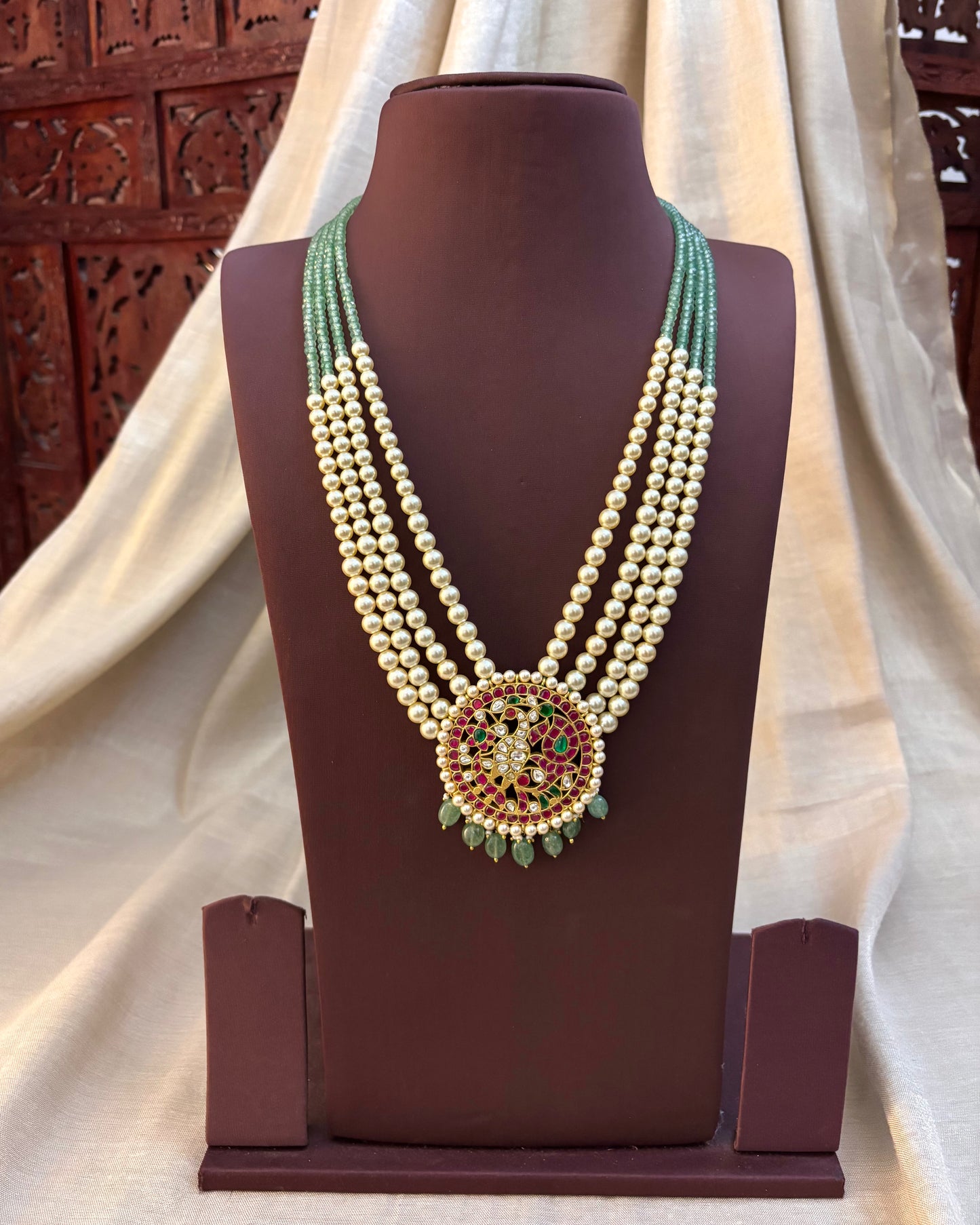 Peacock Jadau Kundan Pendant with Mint Green Beads & Pearl Mala | NC067