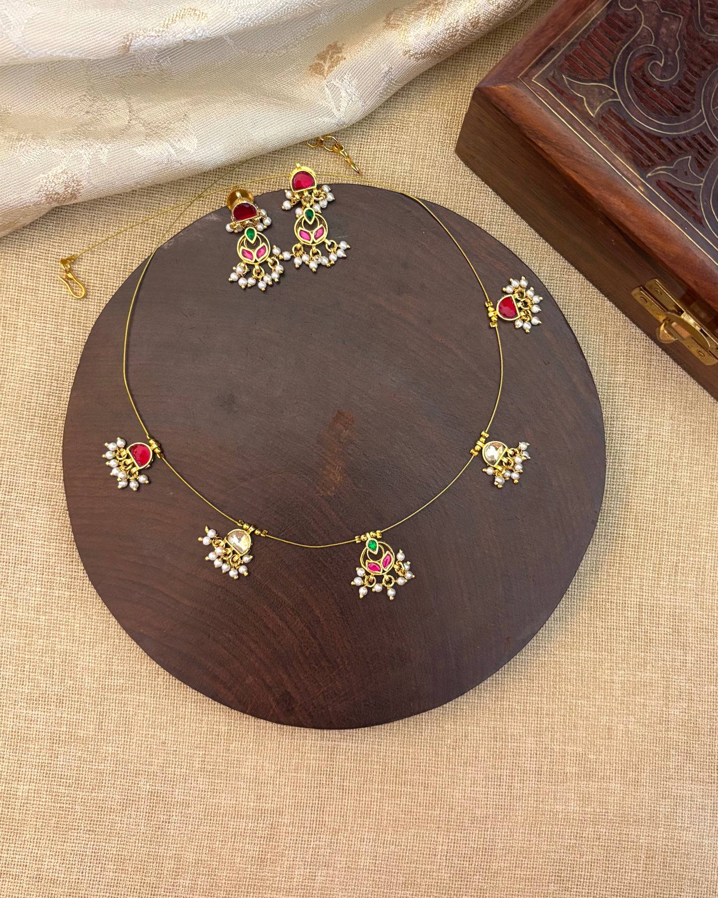 Jadau Kundan Invisible Chain Necklace with Earrings | NC136