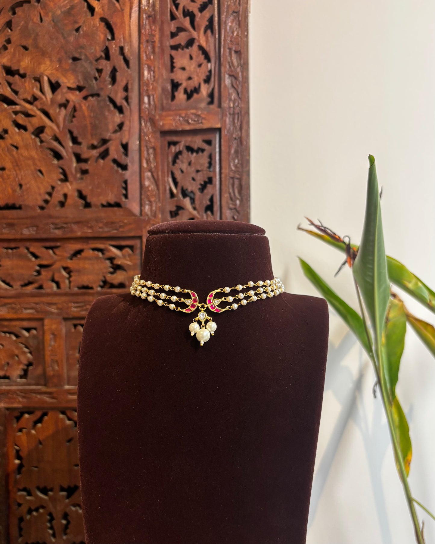 Classic Pearl Chand Choker Set | Crescent Motif with Matching Earrings| NC233