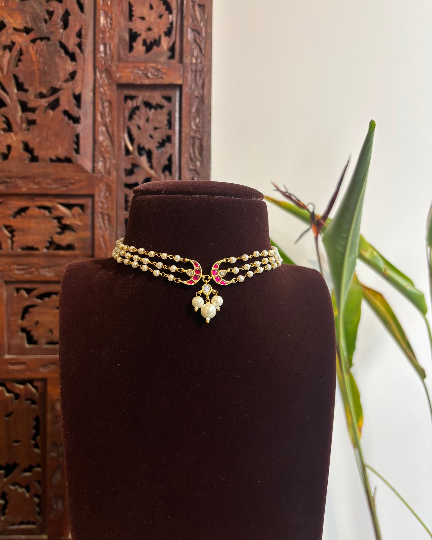 Classic Pearl Chand Choker Set | Crescent Motif with Matching Earrings| NC233