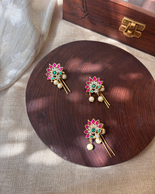 Multicolor Floral Jadau Kundan Hair Pin with Pearl Drops | HA077