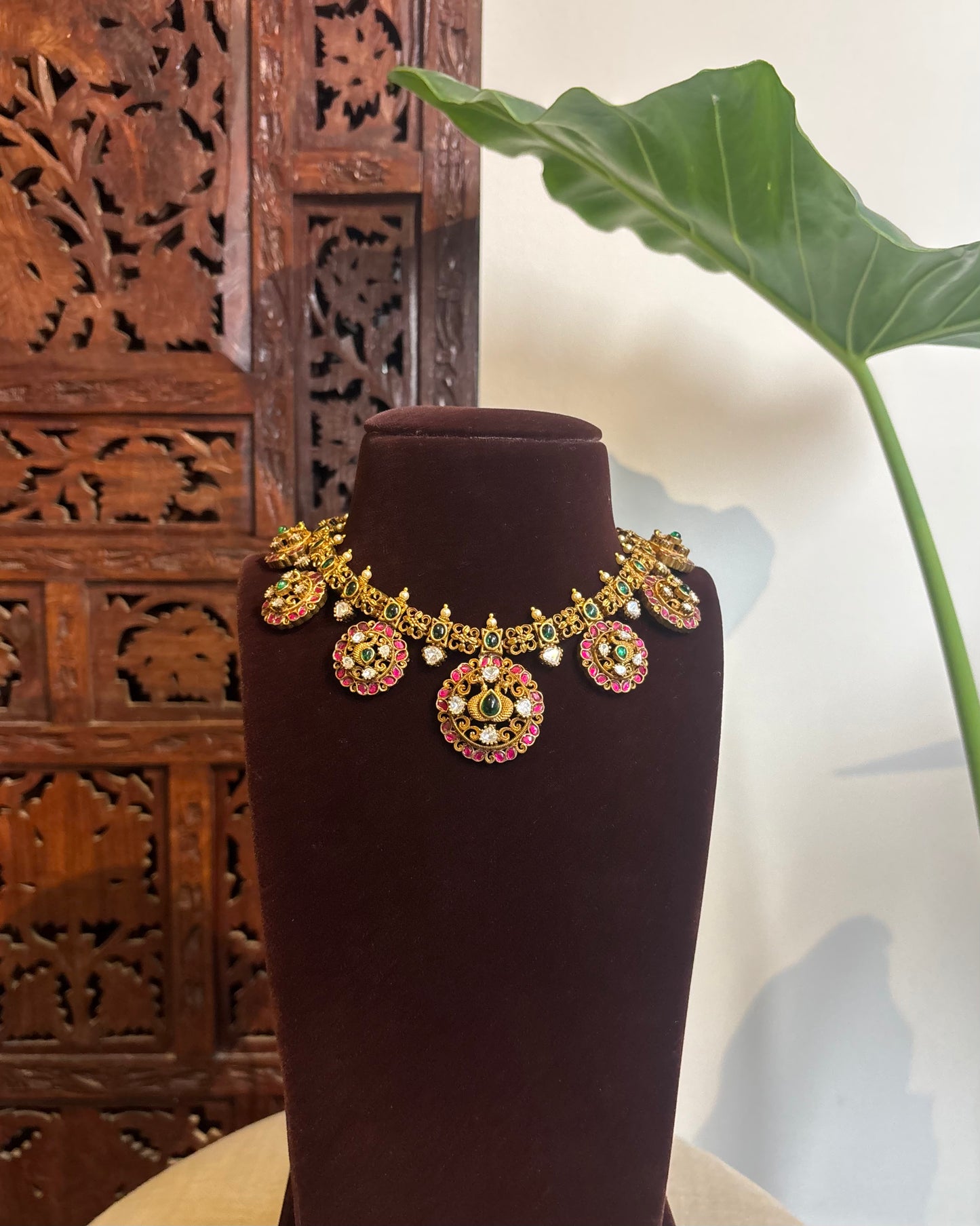 Antique Matte Gold Peacock Necklace Set with Kundan Stones | NC246