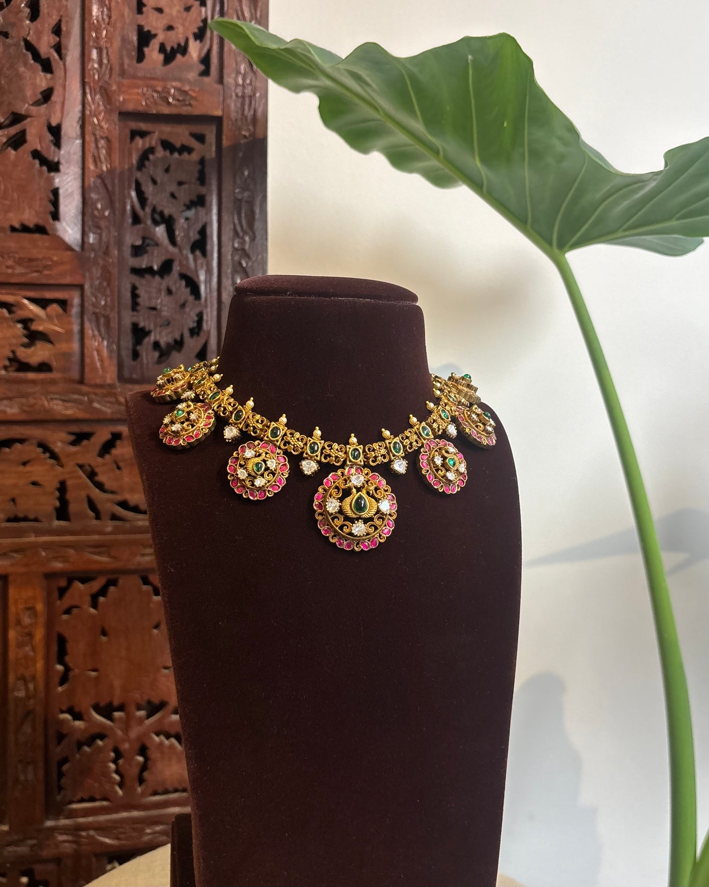 Antique Matte Gold Peacock Necklace Set with Kundan Stones | NC246